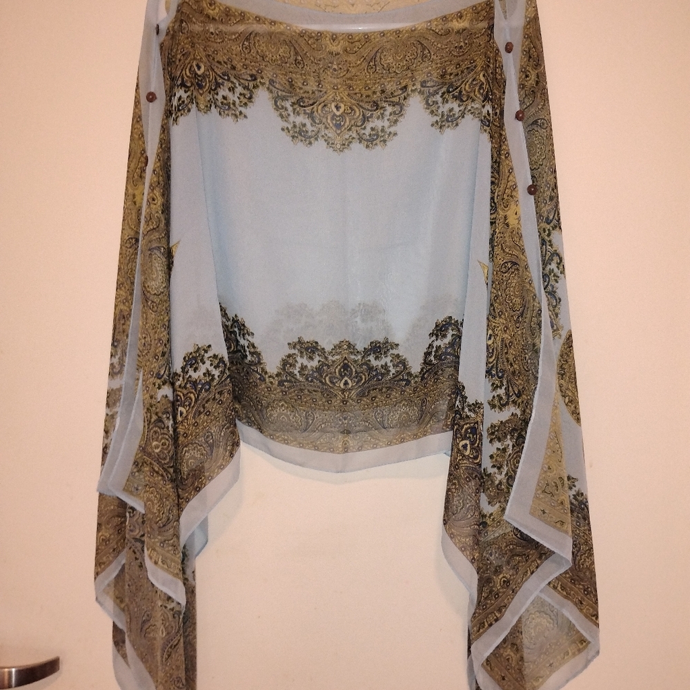 Poncho Kimono Beach Cover-up Scarf Wrap Sheer Blue w/ Gold Paisley Chiffon-like